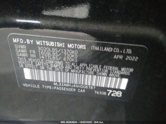 2022 Mitsubishi Mirage, VIN: ML32AWHJ4NH006787