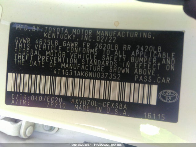 2022 Toyota Camry, VIN: 4T1G31AK6NU037352