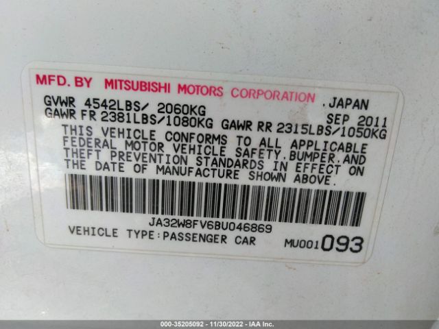 2011 MITSUBISHI LANCER EVOLUTION JA32W8FV6BU046869 Photo 8