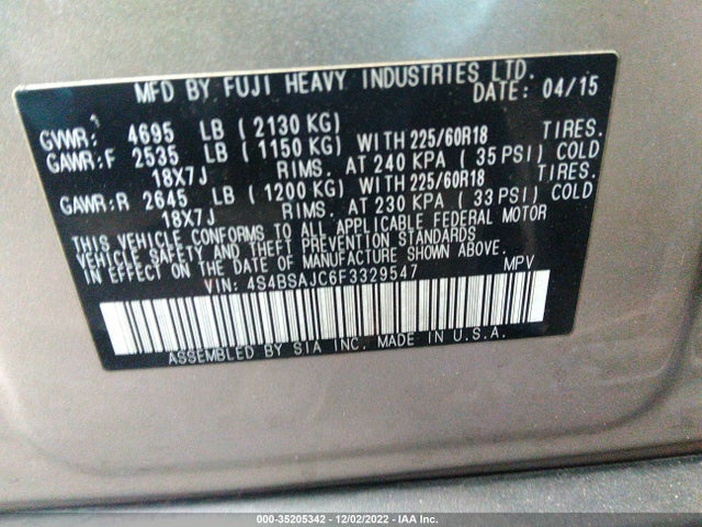 2015 SUBARU OUTBACK 2.5I LIMITED VIN: 4S4BSAJC6F3329547