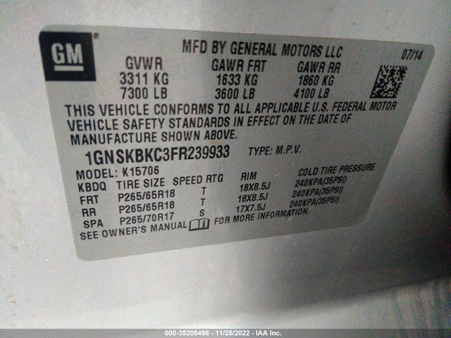 Chevrolet Tahoe Lt 2015 1GNSKBKC3FR239933 Image 10