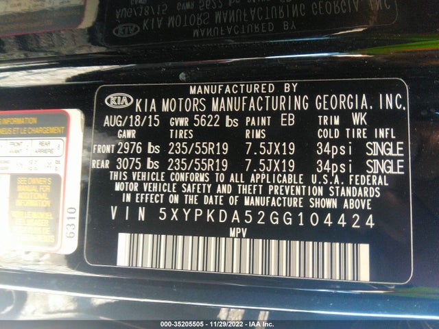 2016 Kia Sorento, VIN: 5XYPKDA52GG104424