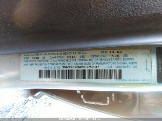 2003 VOLKSWAGEN JETTA SEDAN GLS VIN: 3VWSP69M43M075697