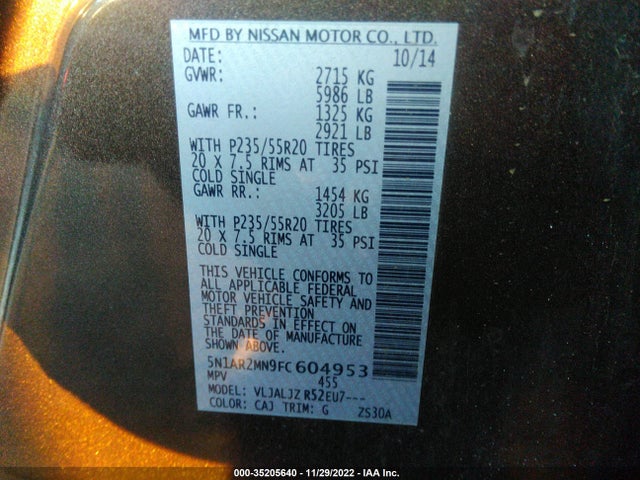 2015 Nissan Pathfinder, VIN: 5N1AR2MN9FC604953