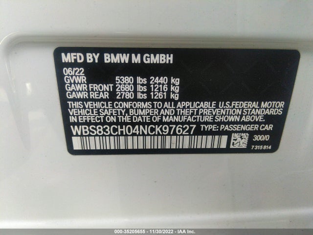 2022 BMW M5, VIN: WBS83CH04NCK97627