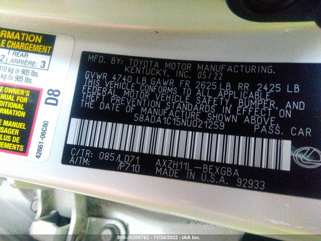 2022 Lexus ES, VIN: 58ADA1C15NU021259