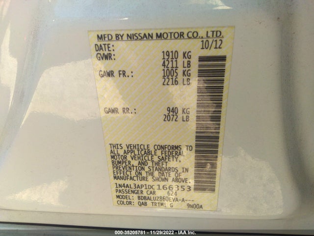 2013 NISSAN ALTIMA 2.5 SV VIN: 1N4AL3AP1DC166353