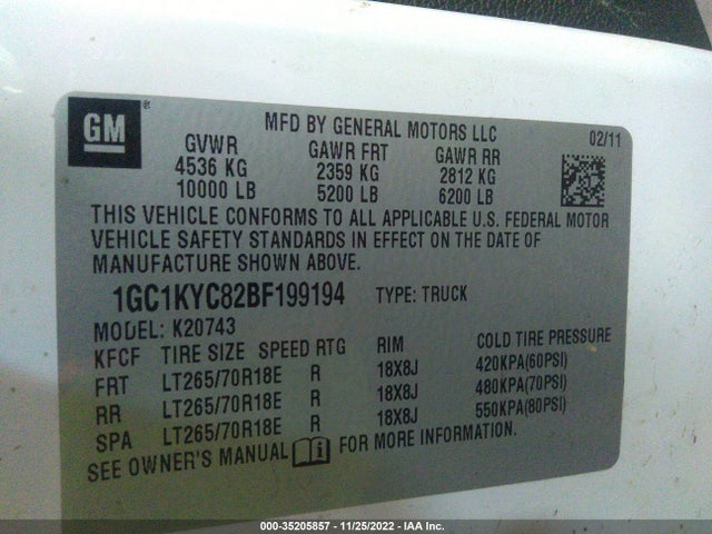 2011 CHEVROLET SILVERADO 2500HD LTZ VIN: 1GC1KYC82BF199194