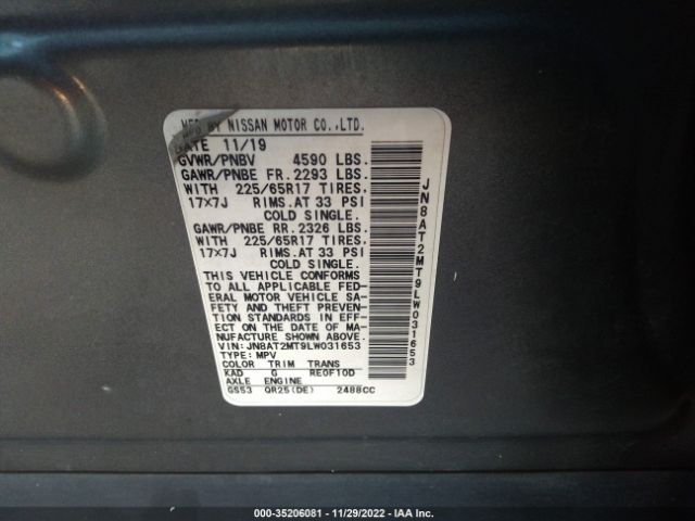 JN8AT2MT9LW031653 Nissan ROGUE S