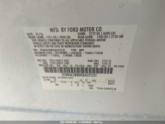 2016 FORD FLEX SE VIN: 2FMGK5B80GBA22531
