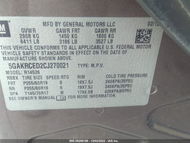 2012 BUICK ENCLAVE LEATHER VIN: 5GAKRCED2CJ270021