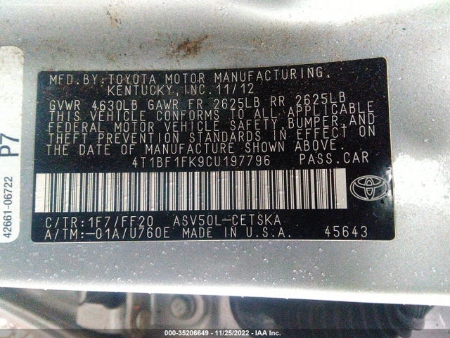 2012 TOYOTA CAMRY L/LE/SE/XLE VIN: 4T1BF1FK9CU197796