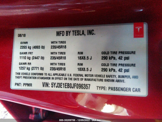 Tesla Model 3 Long Range 2018 5YJ3E1EB0JF096357 Image 10