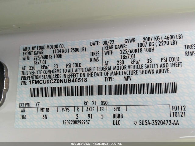 2022 Ford Escape, VIN: 1FMCU0CZ0NUB46518