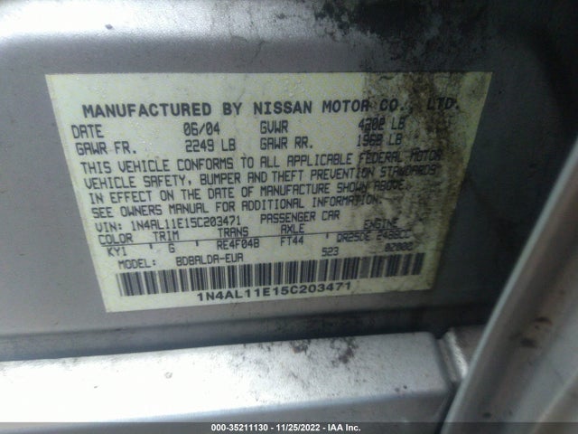 2005 Nissan Altima 2.5 S მანქანა იყიდება აუქციონზე, vin: 1N4AL11E15C203471, აუქციონის ნომერი: 35211130