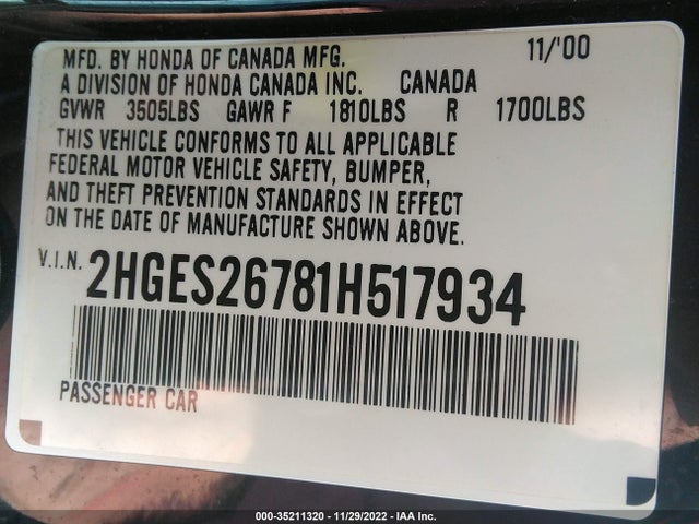 2001 HONDA CIVIC EX VIN: 2HGES26781H517934