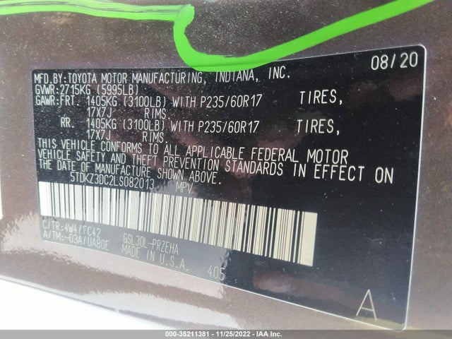 2020 Toyota Sienna, VIN: 5TDKZ3DC2LS082013