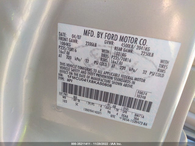 2008 FORD ESCAPE LIMITED VIN: 1FMCU041X8KA50808