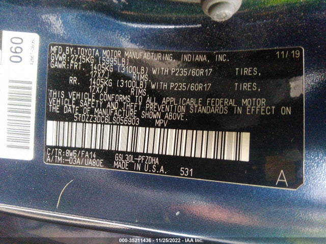 2020 TOYOTA SIENNA L VIN: 5TDZZ3DC6LS056903