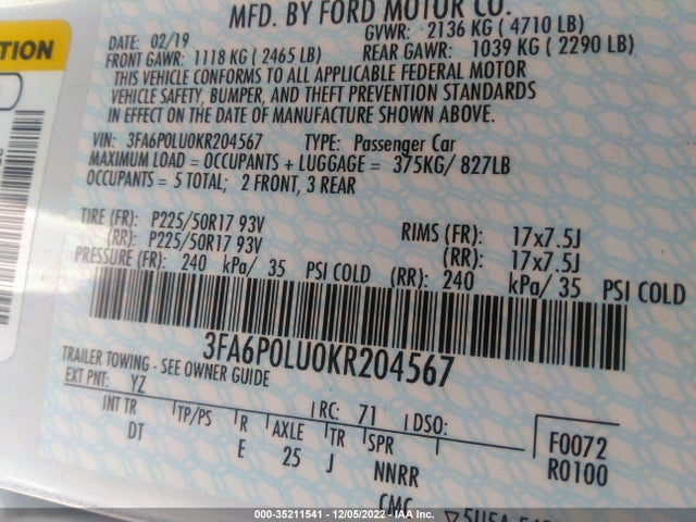 2019 Ford Fusion, VIN: 3FA6P0LU0KR204567