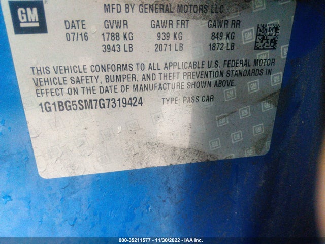 2016 Chevrolet Cruze, VIN: 1G1BG5SM7G7319424