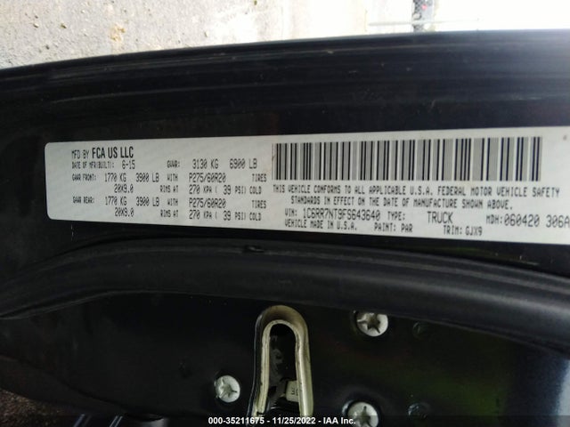 2015 RAM 1500 LARAMIE VIN: 1C6RR7NT9FS643640