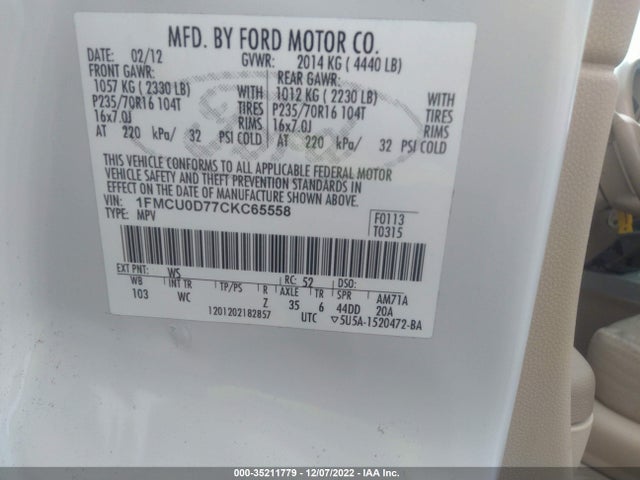 2012 FORD ESCAPE XLT VIN: 1FMCU0D77CKC65558