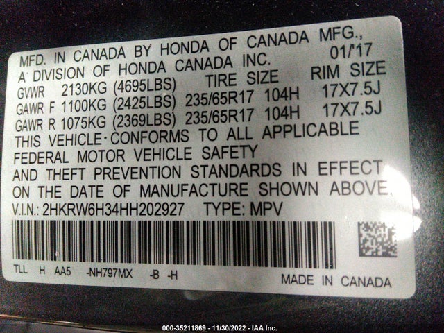 2017 Honda CR-V, VIN: 2HKRW6H34HH202927
