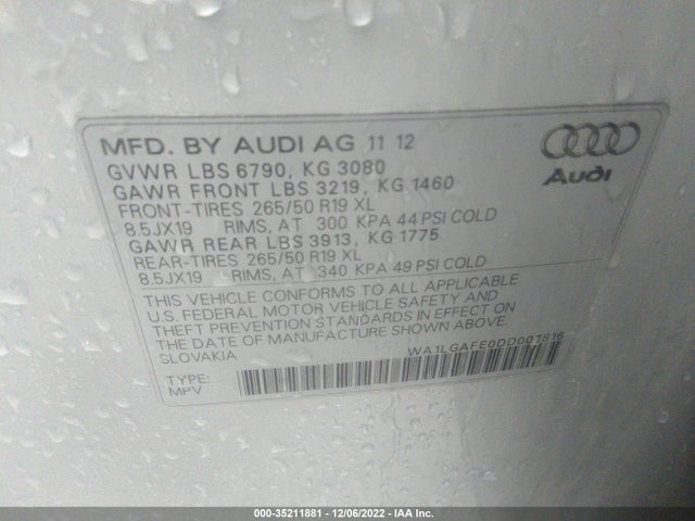 2013 AUDI Q7 3.0T PREMIUM PLUS VIN: WA1LGAFE0DD007816