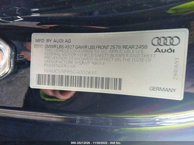 2012 AUDI S5 PREMIUM PLUS VIN: WAUCVAFR5CA002834