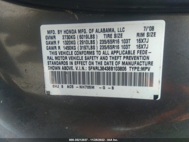 2008 HONDA ODYSSEY EX VIN: 5FNRL38438B103806