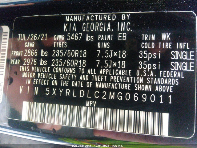 2021 Kia Sorento, VIN: 5XYRLDLC2MG069011
