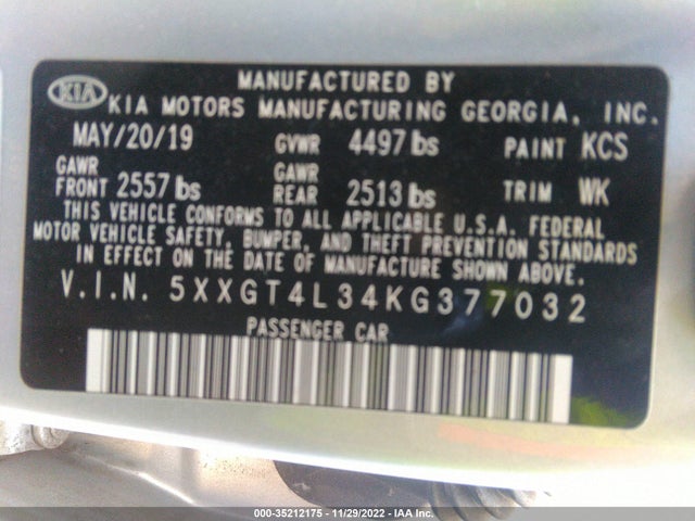 2019 Kia Optima, VIN: 5XXGT4L34KG377032