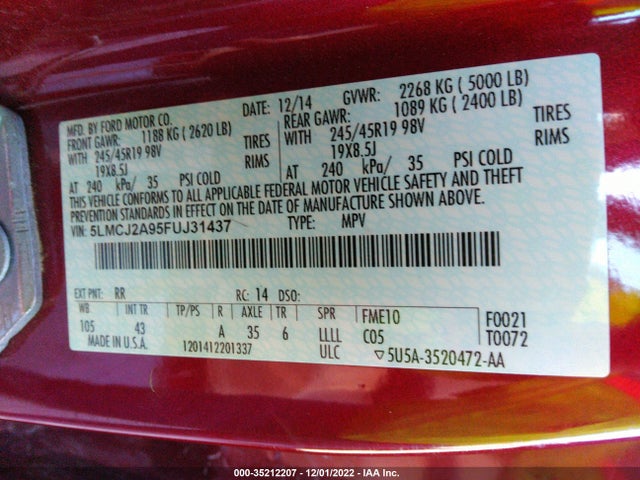 2015 Lincoln MKC, VIN: 5LMCJ2A95FUJ31437