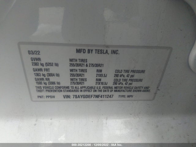 Tesla Model Y Performance 2022 7SAYGDEF7NF411247 Image 9