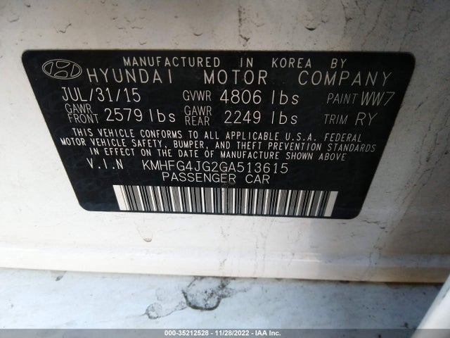 2016 Hyundai Azera, VIN: KMHFG4JG2GA513615