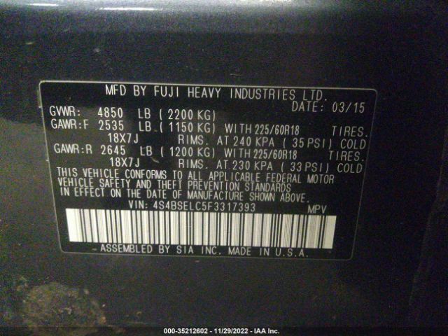 4S4BSELC5F3317393 Subaru Outback 3.6r Limited