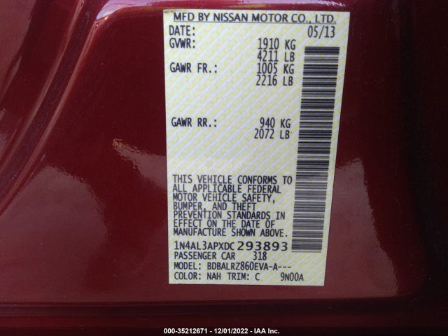 2013 NISSAN ALTIMA 2.5 S VIN: 1N4AL3APXDC293893