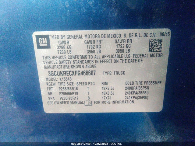 2015 CHEVROLET SILVERADO 1500 LT VIN: 3GCUKRECXFG466607