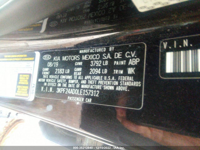 2020 KIA FORTE LXS VIN: 3KPF24AD0LE157312