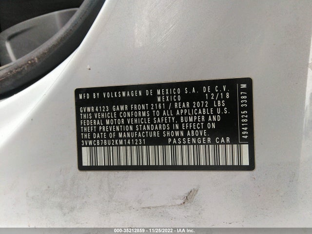 3VWCB7BU2KM141231 Volkswagen Jetta S/se/r-line