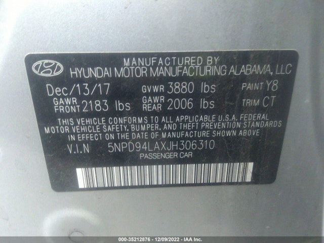 2018 HYUNDAI ELANTRA ECO VIN: 5NPD94LAXJH306310