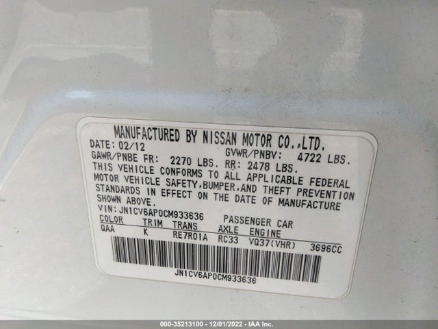 2012 INFINITI G37 SEDAN JOURNEY VIN: JN1CV6AP0CM933636