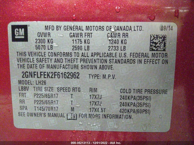 Chevrolet EQUINOX LT 2015 2GNFLFEK2F6162962 Image 11