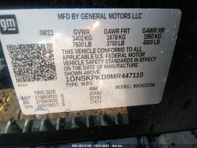 2021 Chevrolet Tahoe, VIN: 1GNSKPKD9MR447110