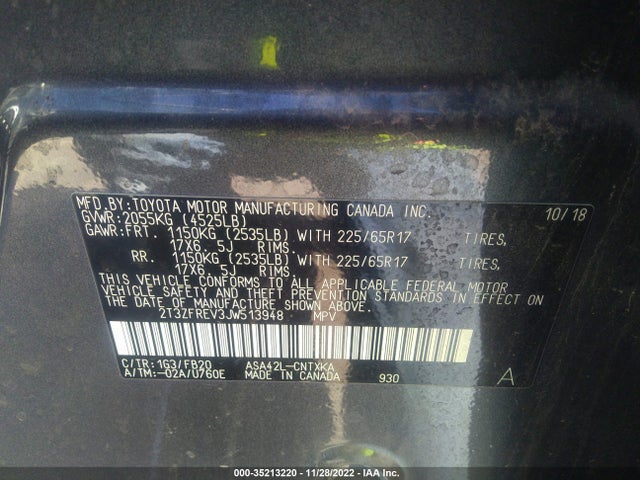 2018 TOYOTA RAV4 LE VIN: 2T3ZFREV3JW513948