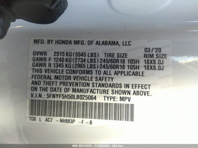 2020 Honda Pilot, VIN: 5FNYF5H50LB025064