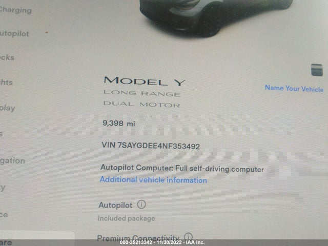 2022 Tesla Model Y, VIN: 7SAYGDEE4NF353492