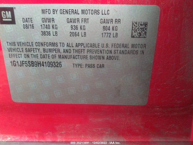 Chevrolet Sonic 2017 1G1JF5SB9H4109326 Image 11