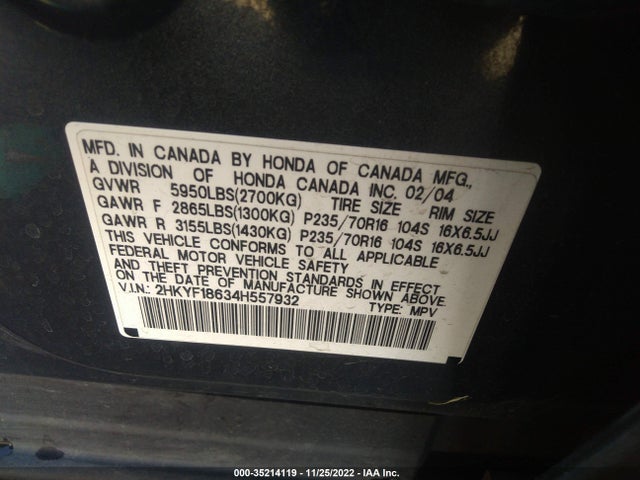 2004 HONDA PILOT EX VIN: 2HKYF18634H557932